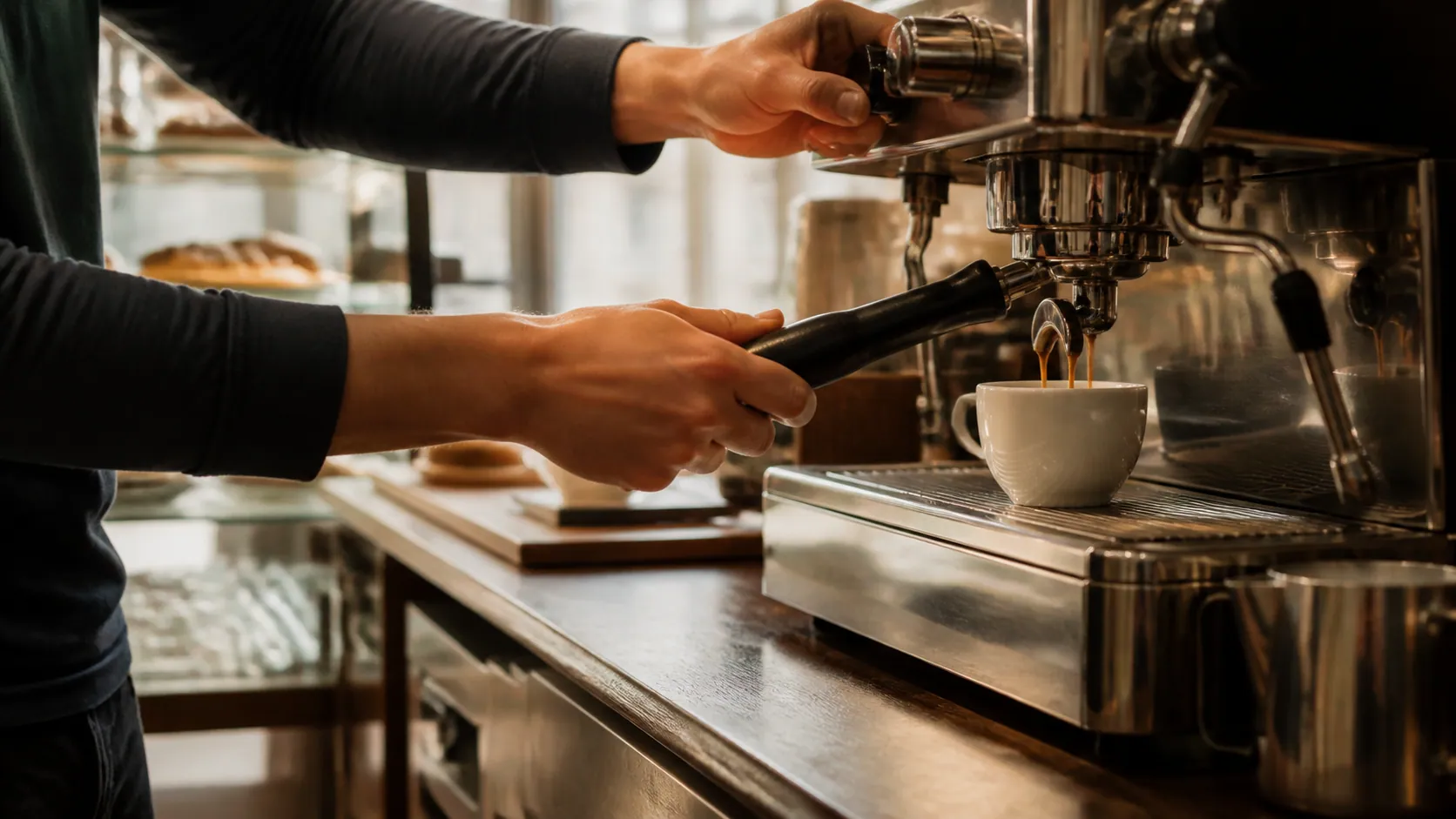 An espresso being pulled at the counter