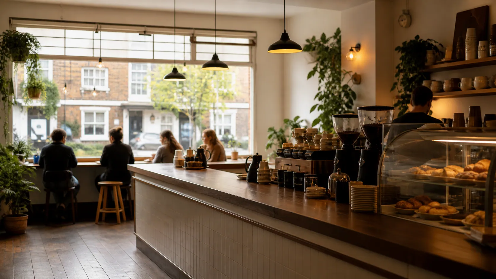Inside the cafe: the long counter and the window onto Belsize Road