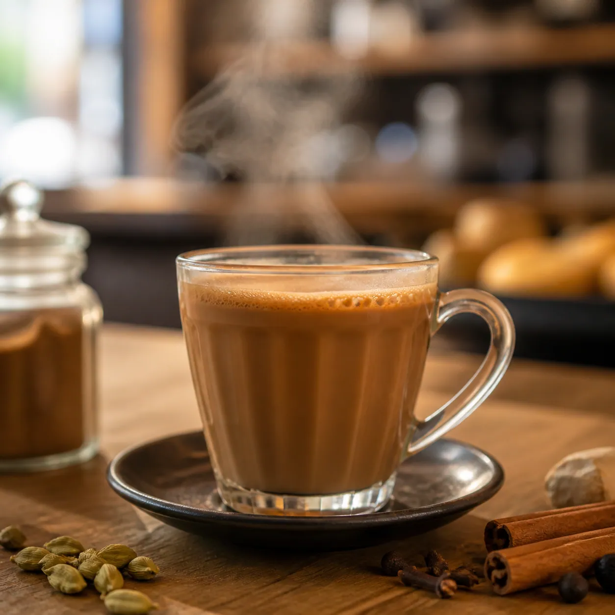 A glass of karak chai on the counter